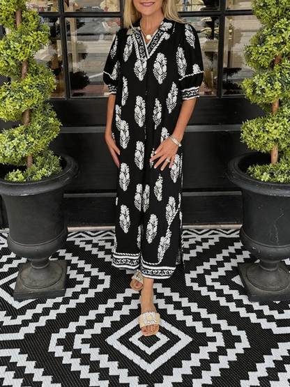Print Puff Short Sleeve V Neck Split Side Maxi Dress