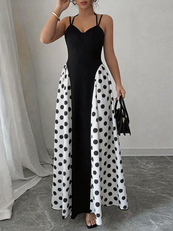 Women's black and white color-blocked printed suspender maxi dress