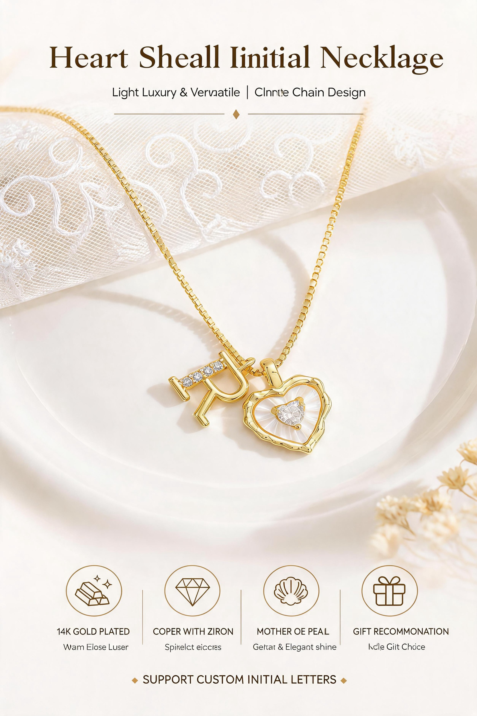 Heart-shaped mother-of-pearl initials necklace