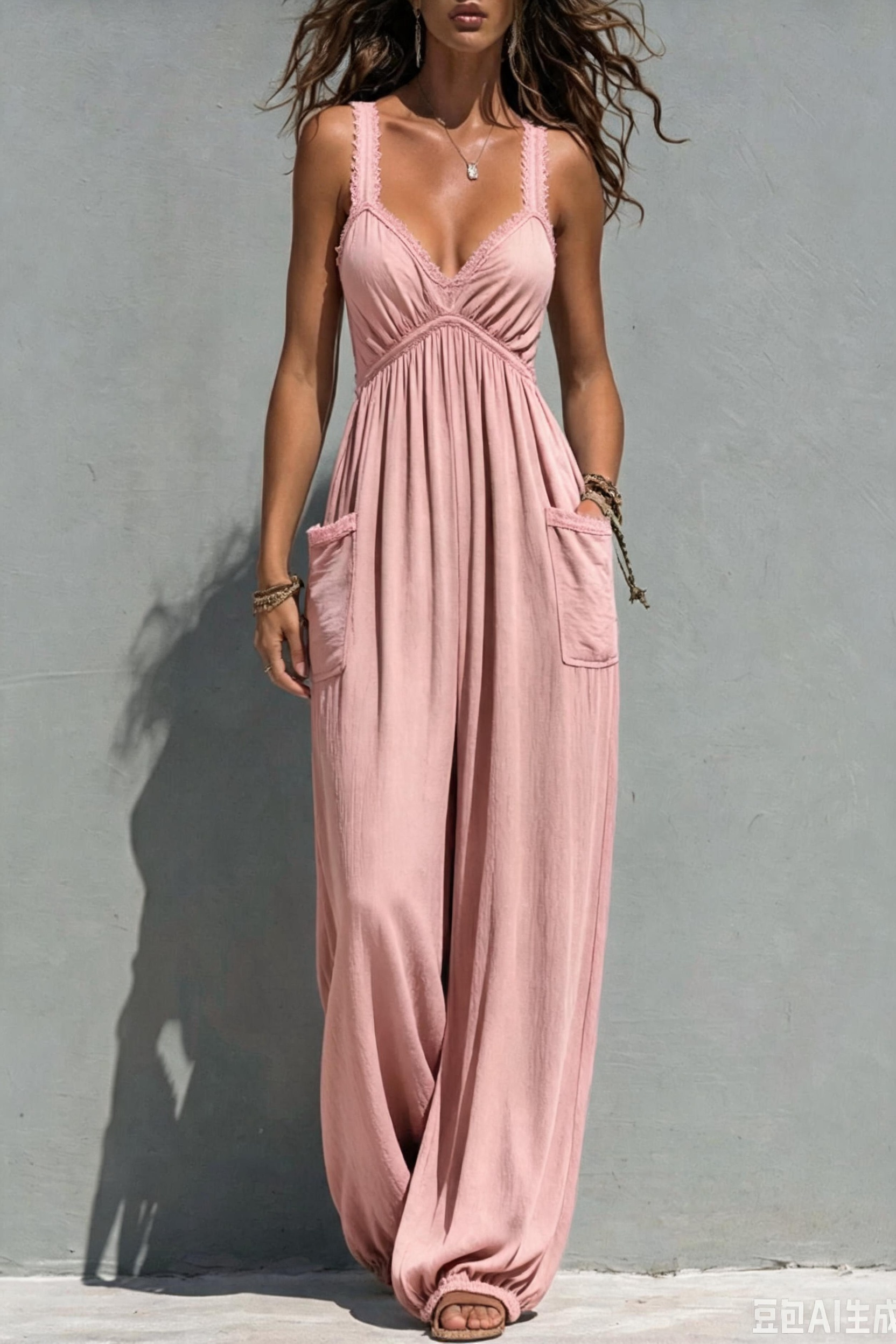 Boho Lace-Trimmed Wide-Leg Jumpsuit With Patch Pockets
