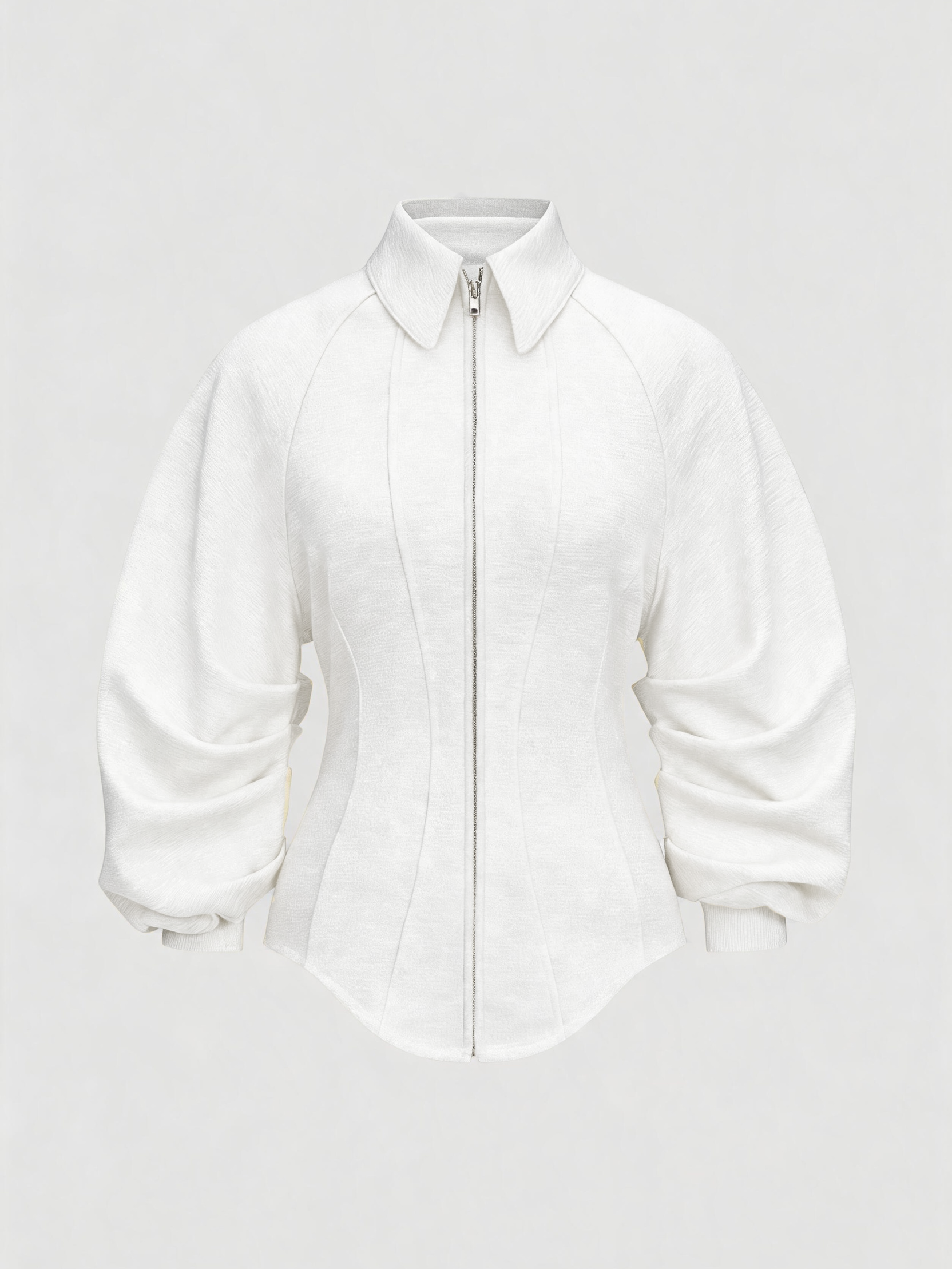 Fitted Ruched Puff Sleeve Zip Up Collared Jacket