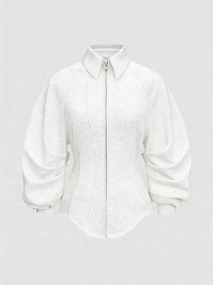 Fitted Ruched Puff Sleeve Zip Up Collared Jacket
