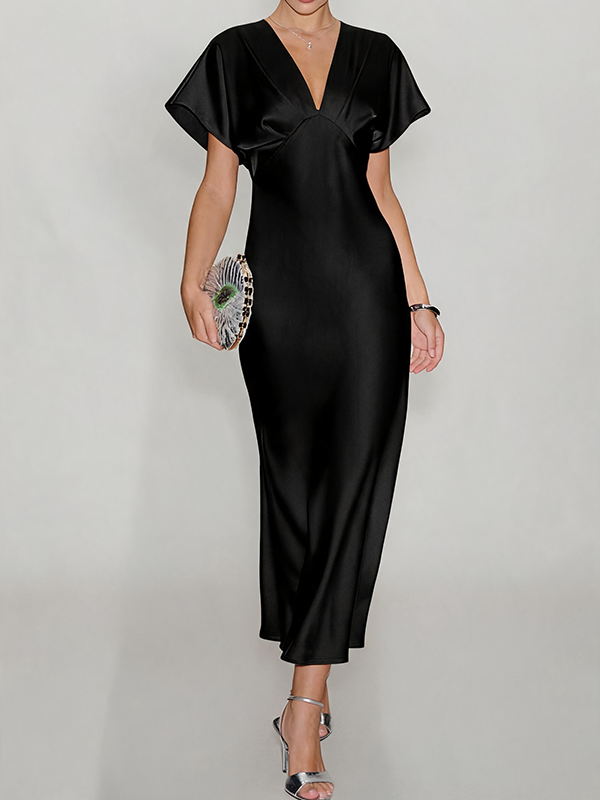 Satin V-Neck Flutter Sleeve Midi Slip Dress