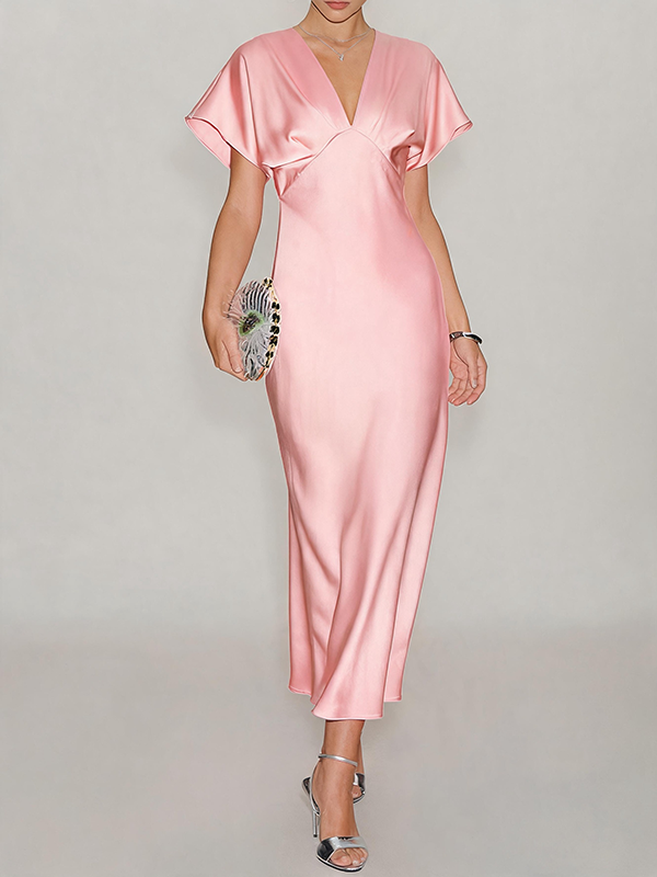 Satin V-Neck Flutter Sleeve Midi Slip Dress