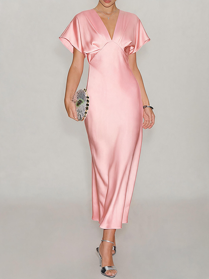 Satin V-Neck Flutter Sleeve Midi Slip Dress
