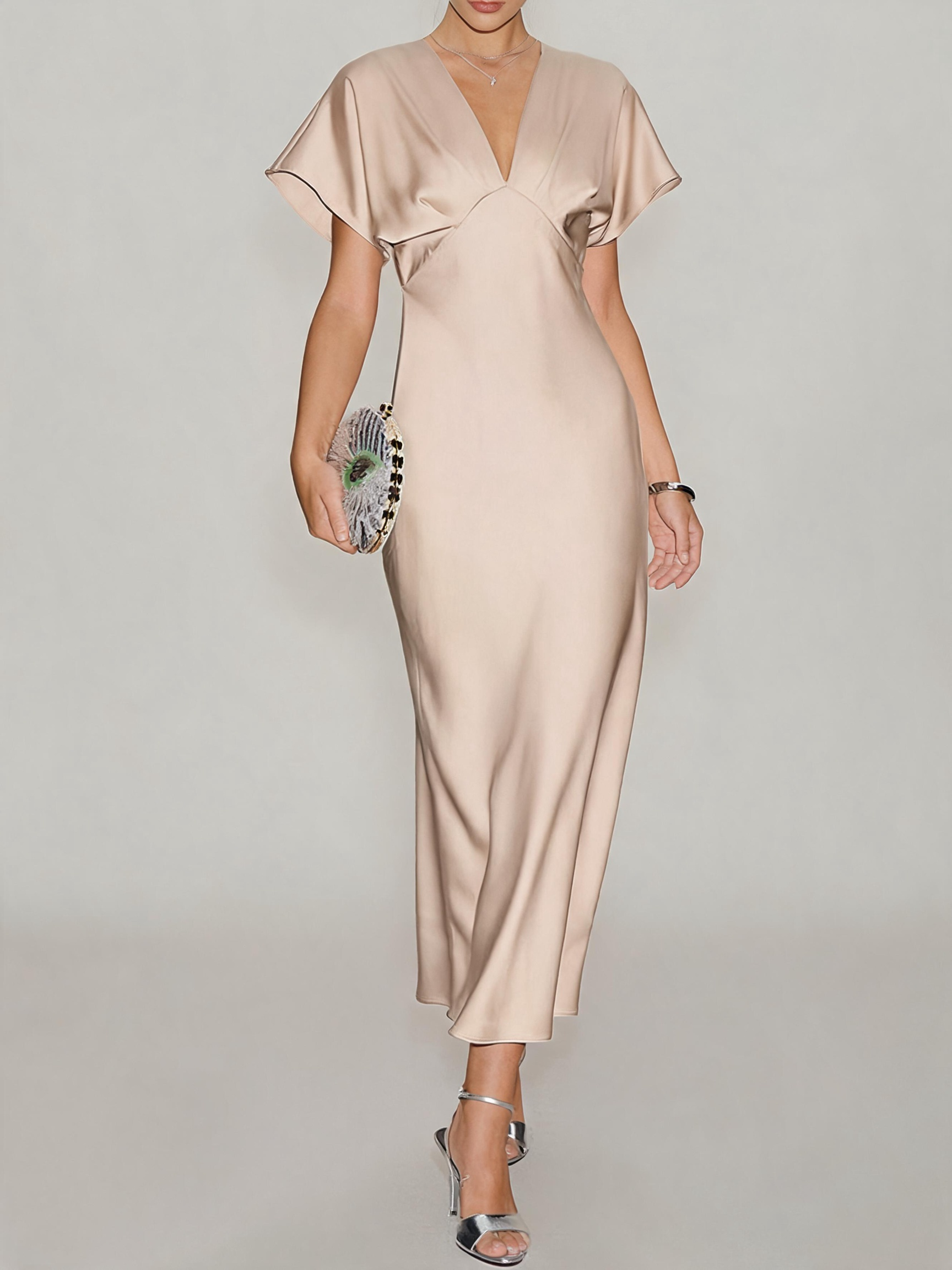 Satin V-Neck Flutter Sleeve Midi Slip Dress