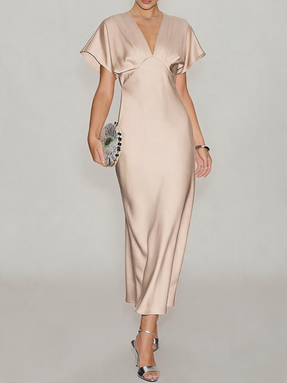 Satin V-Neck Flutter Sleeve Midi Slip Dress