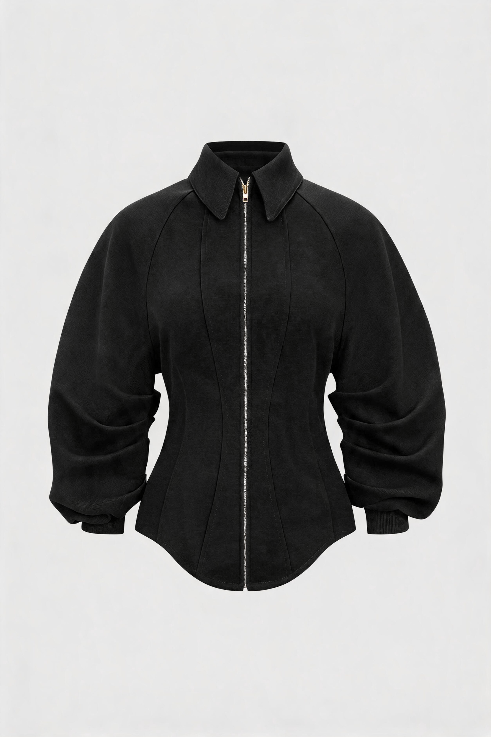 Fitted Ruched Puff Sleeve Zip Up Collared Jacket