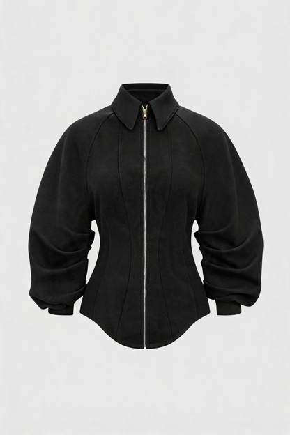 Fitted Ruched Puff Sleeve Zip Up Collared Jacket