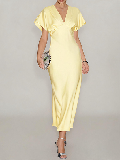 Satin V-Neck Flutter Sleeve Midi Slip Dress