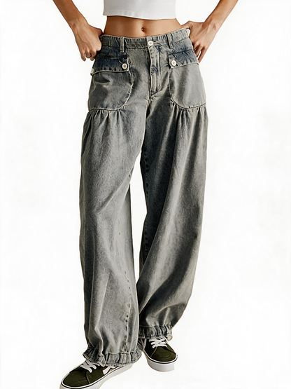 Retro mid-rise pleated loose-fitting tapered jeans