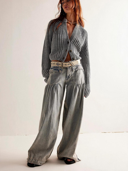 Retro mid-rise pleated loose-fitting tapered jeans
