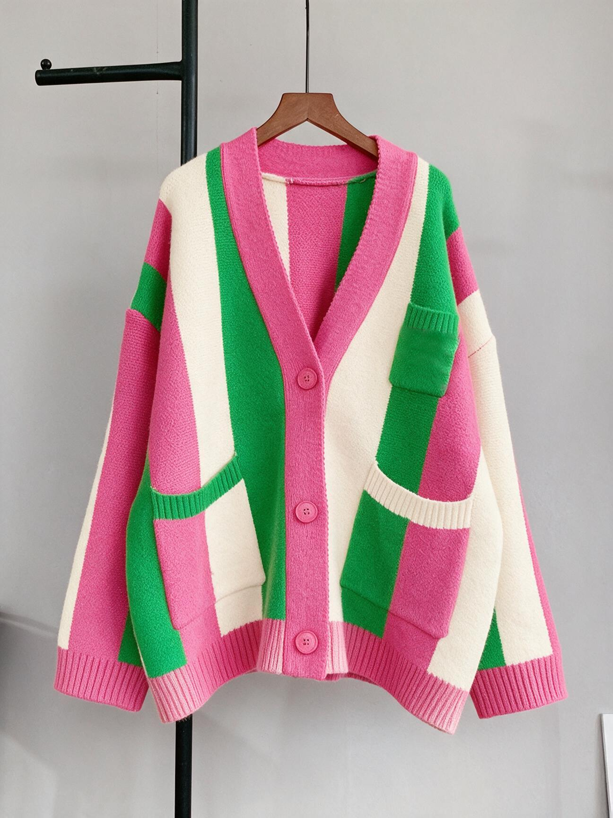 Women's long-sleeved cable knit color-blocked bohemian striped cardigan