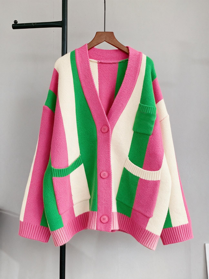 Women's long-sleeved cable knit color-blocked bohemian striped cardigan