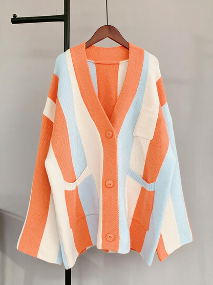 Women's long-sleeved cable knit color-blocked bohemian striped cardigan