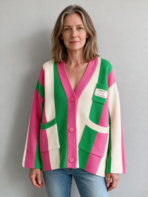 Women's long-sleeved cable knit color-blocked bohemian striped cardigan