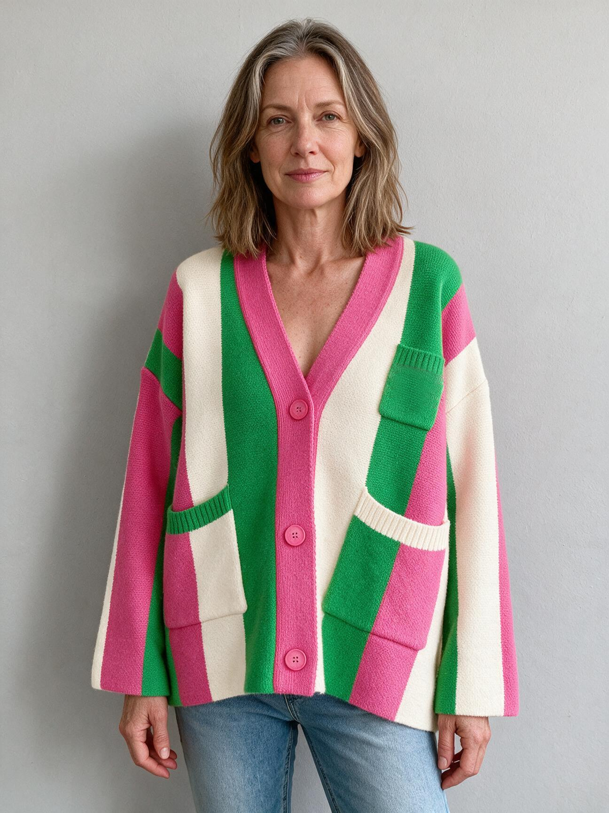 Women's long-sleeved cable knit color-blocked bohemian striped cardigan