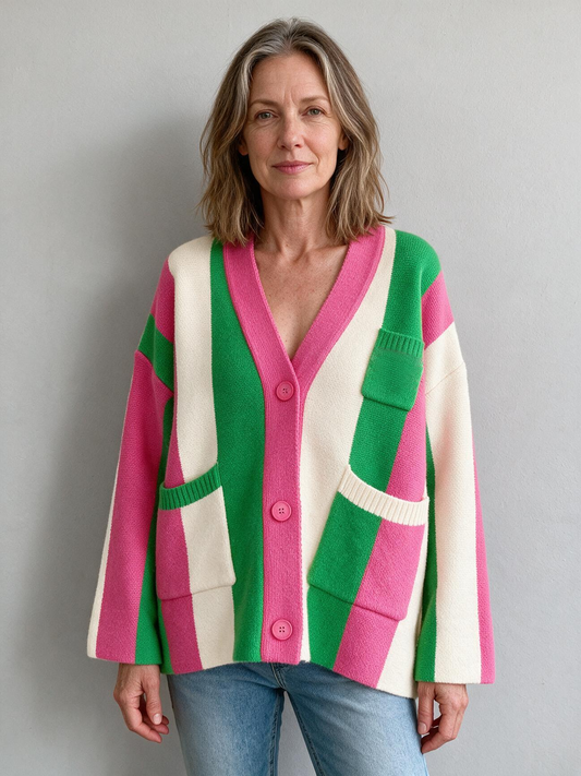 Women's long-sleeved cable knit color-blocked bohemian striped cardigan
