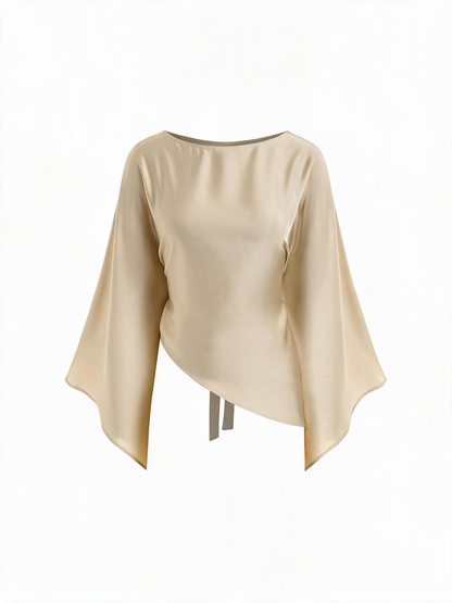 Satin Boat Neck Bell Sleeve Asymmetrical Blouse