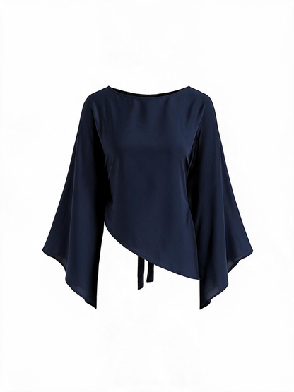 Satin Boat Neck Bell Sleeve Asymmetrical Blouse