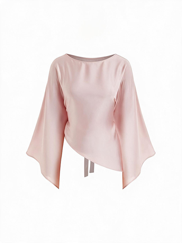 Satin Boat Neck Bell Sleeve Asymmetrical Blouse