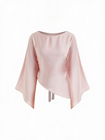 Satin Boat Neck Bell Sleeve Asymmetrical Blouse