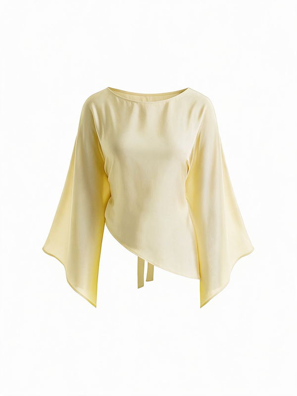 Satin Boat Neck Bell Sleeve Asymmetrical Blouse