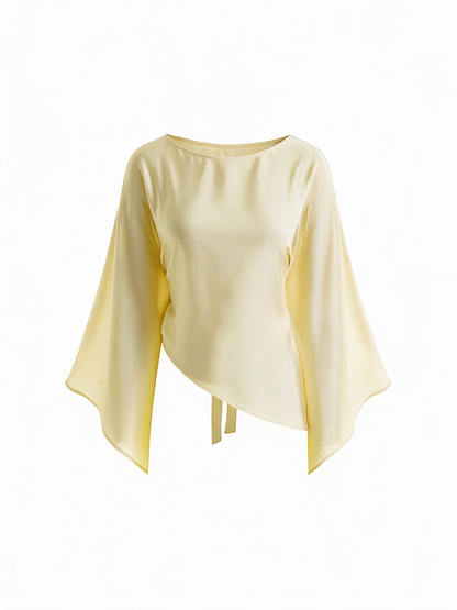 Satin Boat Neck Bell Sleeve Asymmetrical Blouse