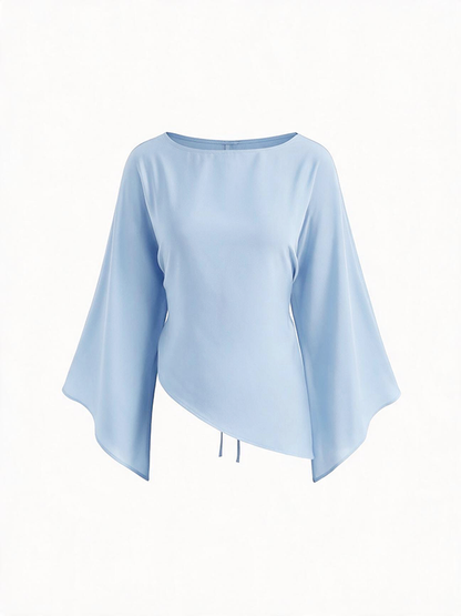 Satin Boat Neck Bell Sleeve Asymmetrical Blouse