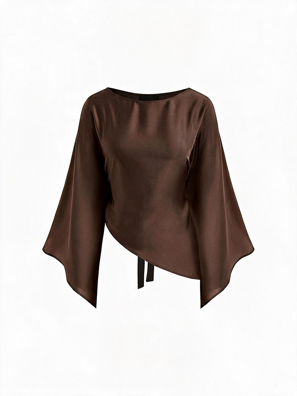 Satin Boat Neck Bell Sleeve Asymmetrical Blouse
