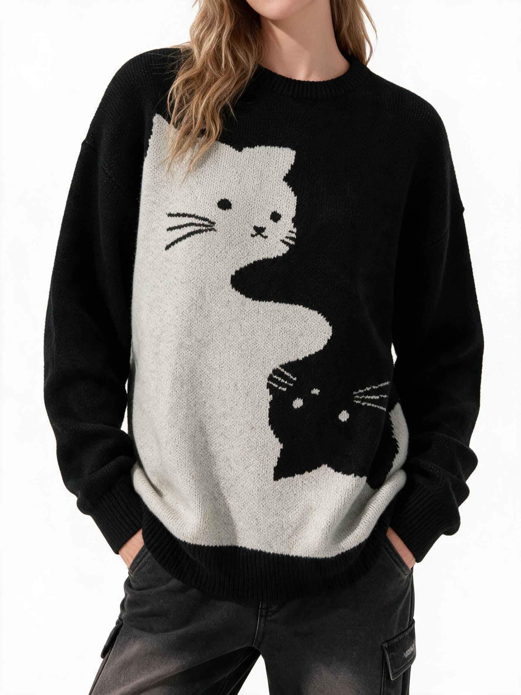 Cartoon Cat Round Neck Long Sleeve Sweater Preppy Style