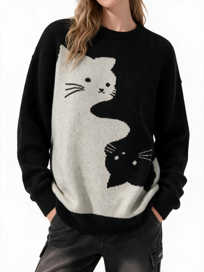 Cartoon Cat Round Neck Long Sleeve Sweater Preppy Style