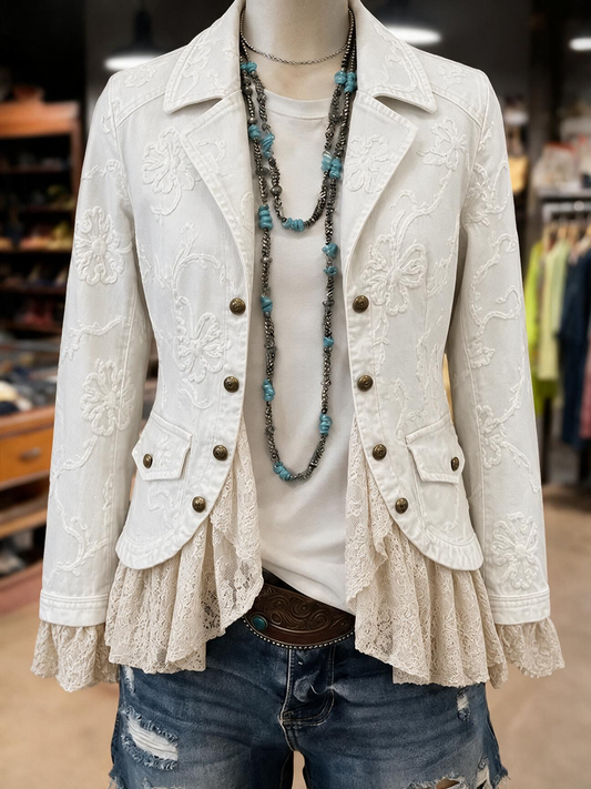 Vintage Floral Embroidered Peplum Jacket with Lace Hem