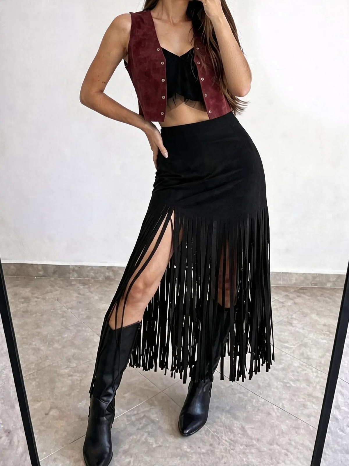 Women's high-waisted suede tassel midi skirt