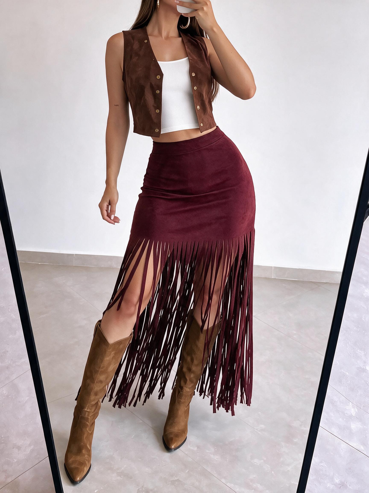 Women's high-waisted suede tassel midi skirt
