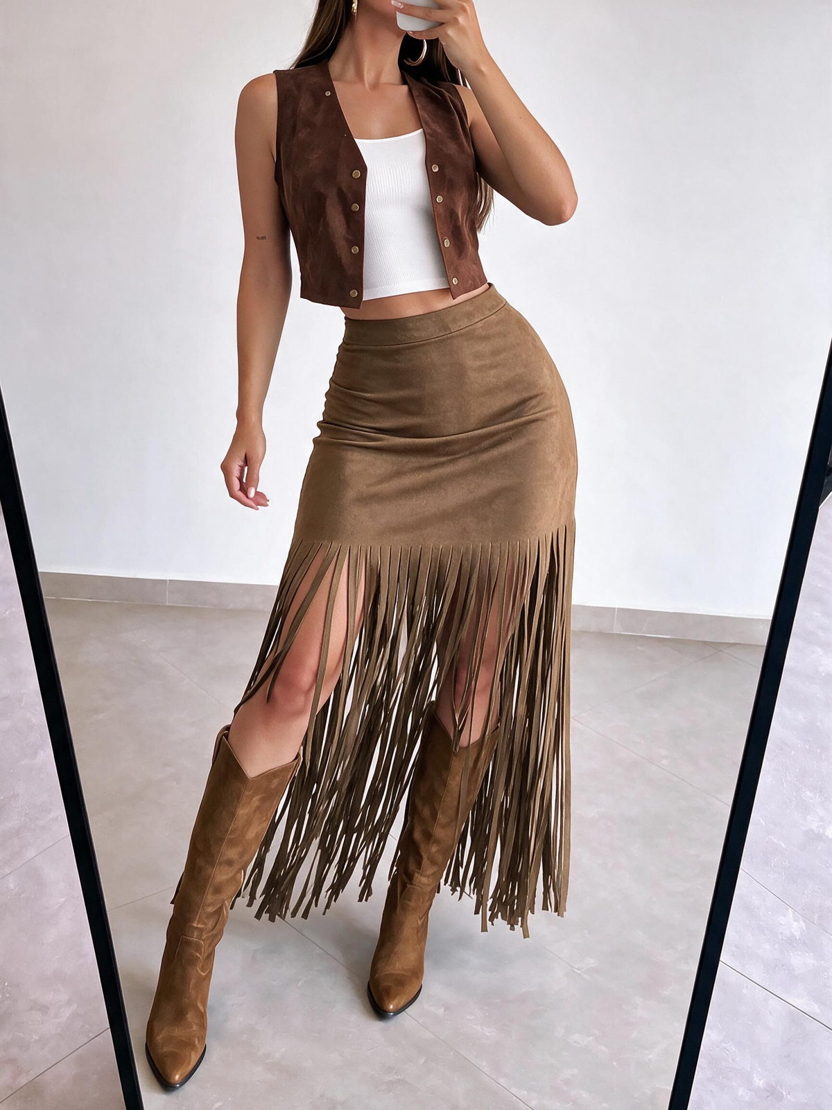 Women's high-waisted suede tassel midi skirt