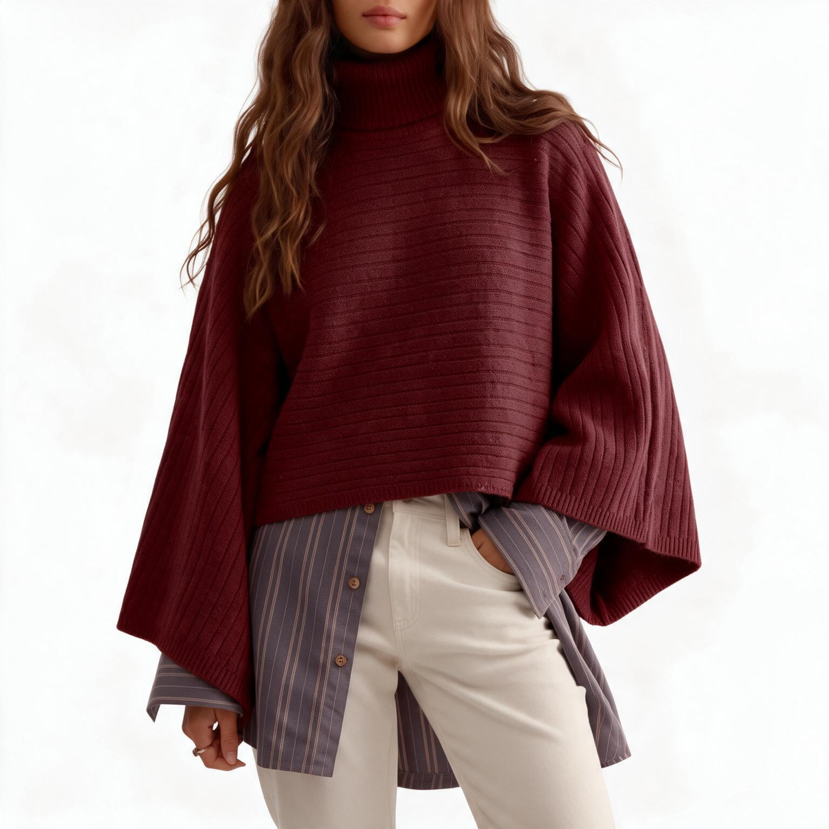 Women's soft chunky knit turtleneck cape