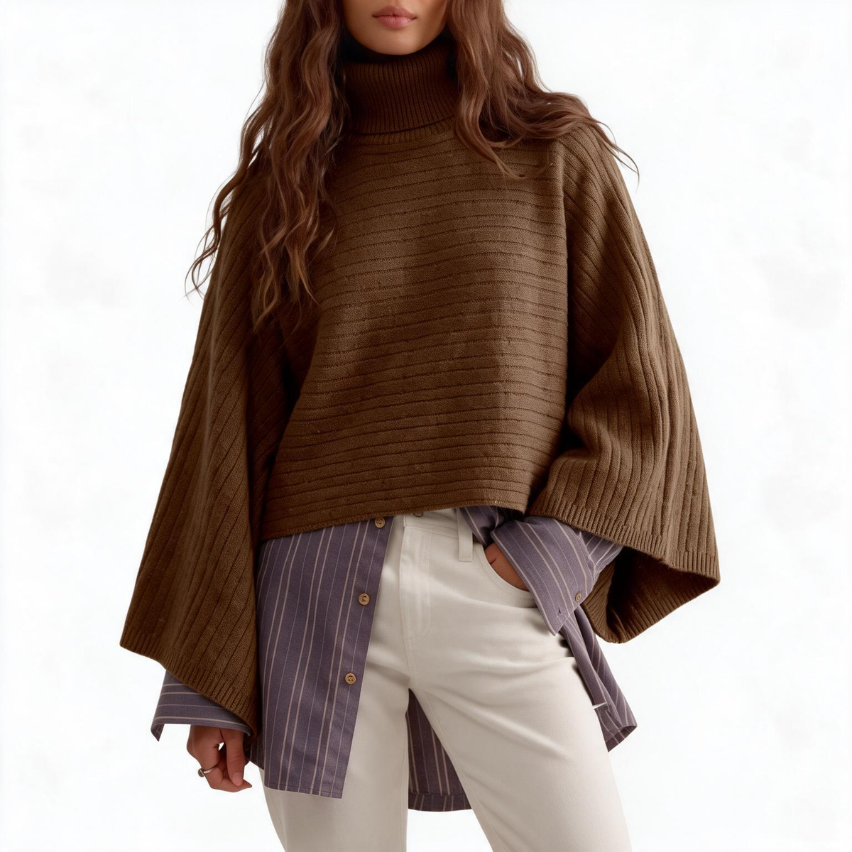 Women's soft chunky knit turtleneck cape