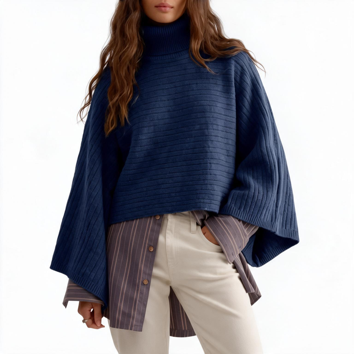 Women's soft chunky knit turtleneck cape