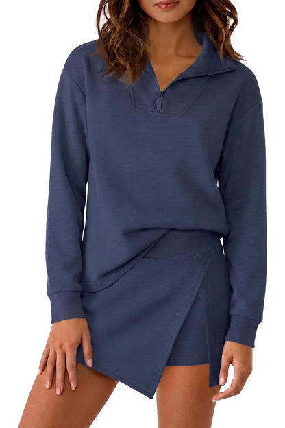 Hot Sale-Women's Half Zip Long?Sleeve Top & Wrap Skort 2 Piece Casual Set