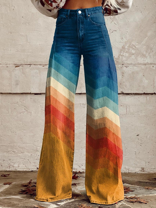 Bohemian-style printed high-waisted wide-leg pants