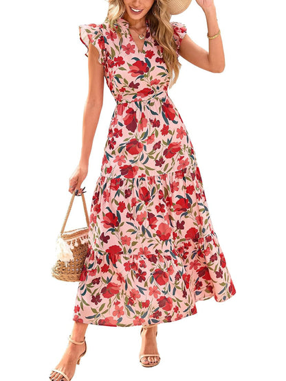 Women's Boho Print V Neck Ruffle Maxi Dress