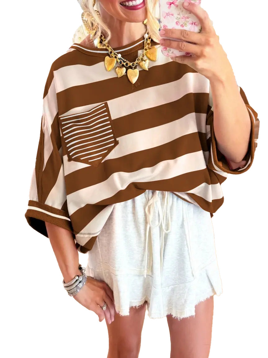 ⏰Hot Sale-Women's T-shirts Striped Drop Shoulder Pocket T-shirt