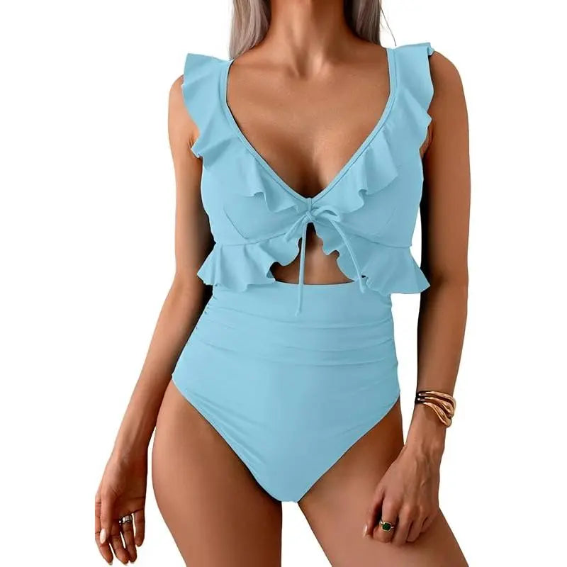 Women Tummy Control Ruffle Bathing Suit V Neck Ruched Swim Suit