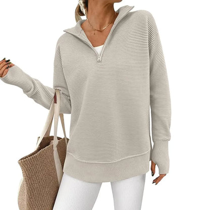 Hot Sale-Women Oversized Half Zip Collar Vertical Rib Long Sleeve Knit Top