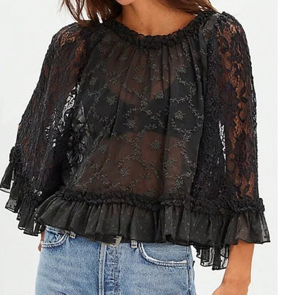 2026 NEW TREND-Boho Floral Semi Sheer Loose Fit Ruffle Hem Blouse