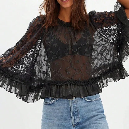 2026 NEW TREND-Boho Floral Semi Sheer Loose Fit Ruffle Hem Blouse