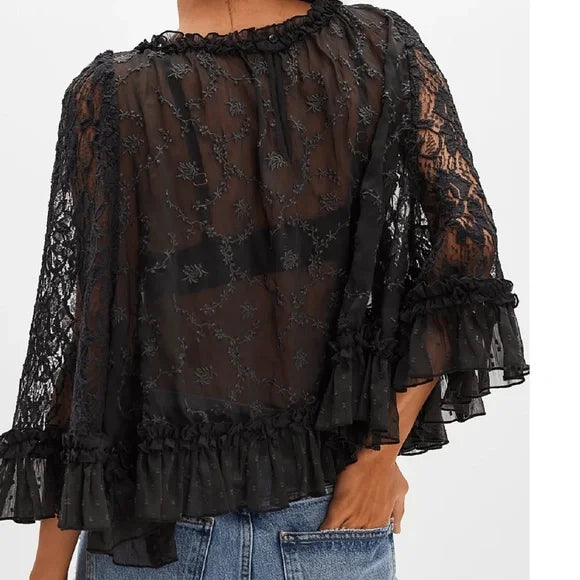 2026 NEW TREND-Boho Floral Semi Sheer Loose Fit Ruffle Hem Blouse