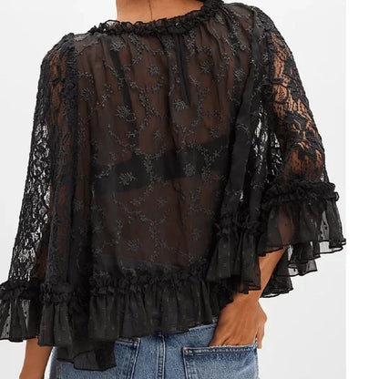 2026 NEW TREND-Boho Floral Semi Sheer Loose Fit Ruffle Hem Blouse