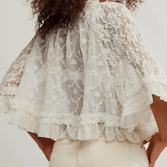 2026 NEW TREND-Boho Floral Semi Sheer Loose Fit Ruffle Hem Blouse